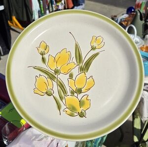 Yellow Vintage 70s Floral Ceramic Dinner Plate With Green Rim